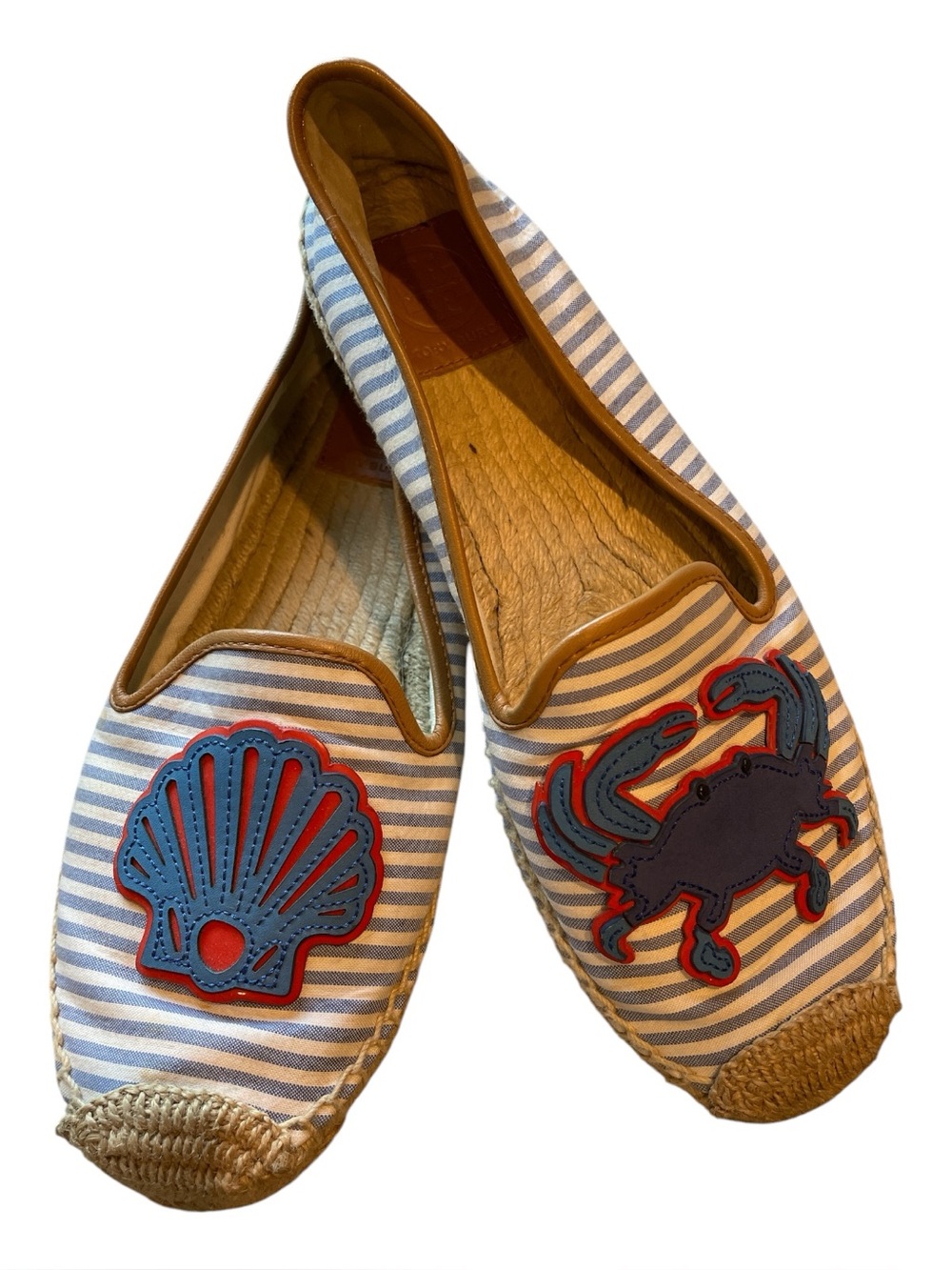 Tory Burch Blue & White Striped Espadrilles with Nautical Appliqués